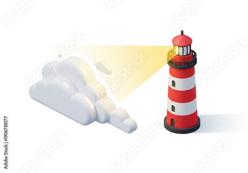 3D illustration of a lighthouse beam cutting through clouds.