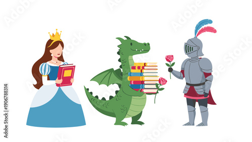 Princess with a book, a friendly dragon with more books, and a knight with a rose stand together in a fairytale scene.