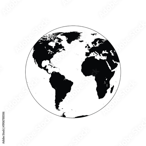 A high-contrast black and white illustration of the Earth from space focusing on Africa and the Americas
