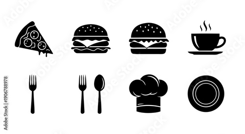 Food and Restaurant Black Silhouette Icon Set
