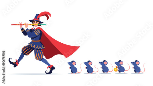 Pied piper of hamelin wearing a feathered hat and cape plays his flute while leading a group of small mice across the floor.