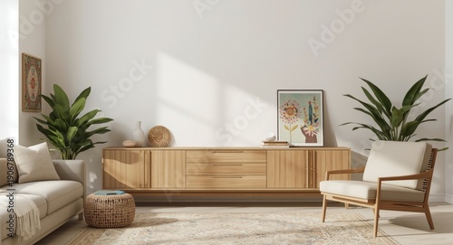 Wallpaper Mural Elegant modern beige living room with wooden sideboard and artistic boho decorations including a painting mock up Torontodigital.ca