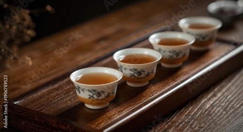 Delicious osmanthus rice wine in tea cups arranged neatly on wooden tray