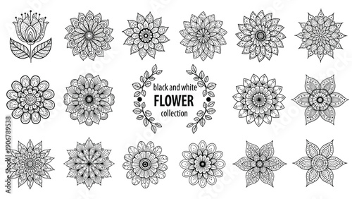 Large collection of diverse flowers in an intricate black and white line art style are arranged for a decorative floral theme.