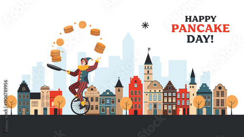 Juggling clown on a unicycle tossing many pancakes over a colorful European city skyline for Happy Pancake Day.