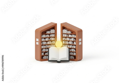 3D illustration of a glowing book between two brown bookshelves.