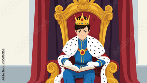 Young royal king wearing a golden crown and ermine cape sitting on his throne while reading a very large book.