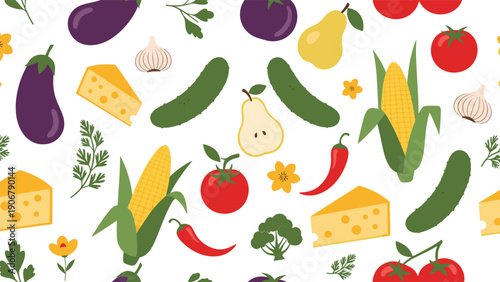 Seamless food pattern featuring a wide variety of fresh vegetables, ripe fruits, and wedges of yellow cheese.