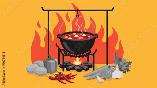 Hearty stew cooking in a black cauldron over an open fire with several fresh vegetables in the foreground scene.