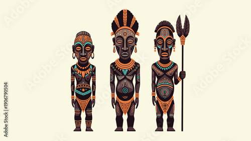 Three distinct African tribal figures or statues standing in a row against a very simple off-white background.