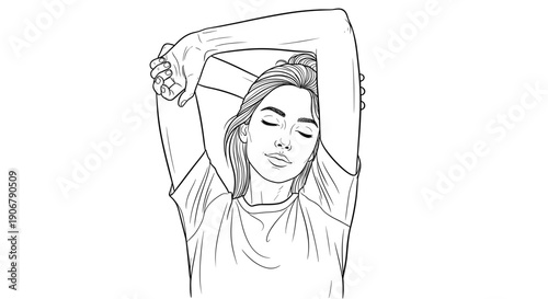 Woman stretching arms overhead with closed eyes, relaxed line art illustration