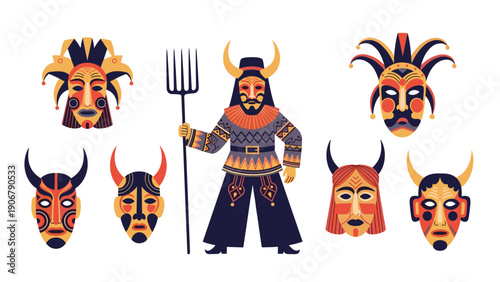 Character in a horned mask and traditional folk costume surrounded by various cultural festival mask designs.