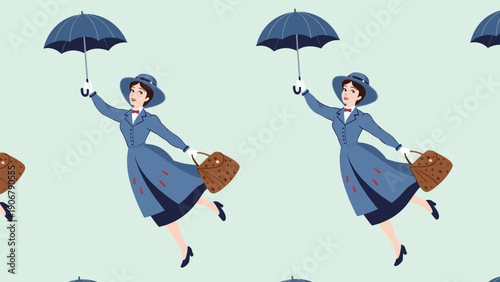 Seamless pattern of a charming Victorian nanny character flying through the air with her blue umbrella and a bag.