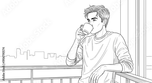 Man drinking coffee by the window with city view, minimalist line art illustration