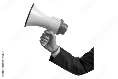 Retro halftone hand holding megaphone art collage on transparent background