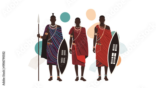 Trio of Maasai warriors in traditional red clothing holding long spears and shields in a modern abstract setting.