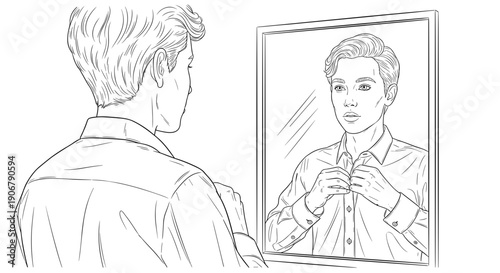Person buttoning shirt while looking in mirror, minimalist line art illustration