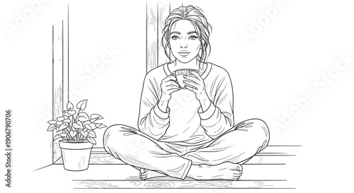 Woman sitting cross-legged holding hot drink by window line art