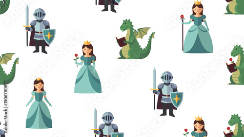 Whimsical repeated pattern featuring brave knights with shields princesses in gowns and friendly green dragons reading books.