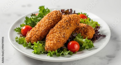 Wallpaper Mural Crispy chicken tenders with everything bagel seasoning on a bed of fresh salad greens Torontodigital.ca