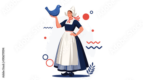 Woman dressed in traditional Dutch clothing including a white lace cap and apron holding a blue ceramic bird in her hand.