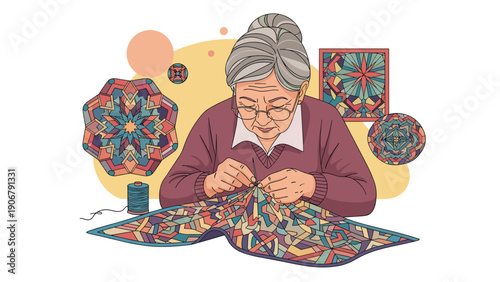 Elderly woman with glasses focused on sewing a beautiful intricate colorful quilt with geometric patterns in her workshop.
