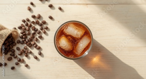 Wallpaper Mural Cold brew coffee with ice cubes and whole coffee beans in a neat flat lay for a refreshing drink idea Torontodigital.ca