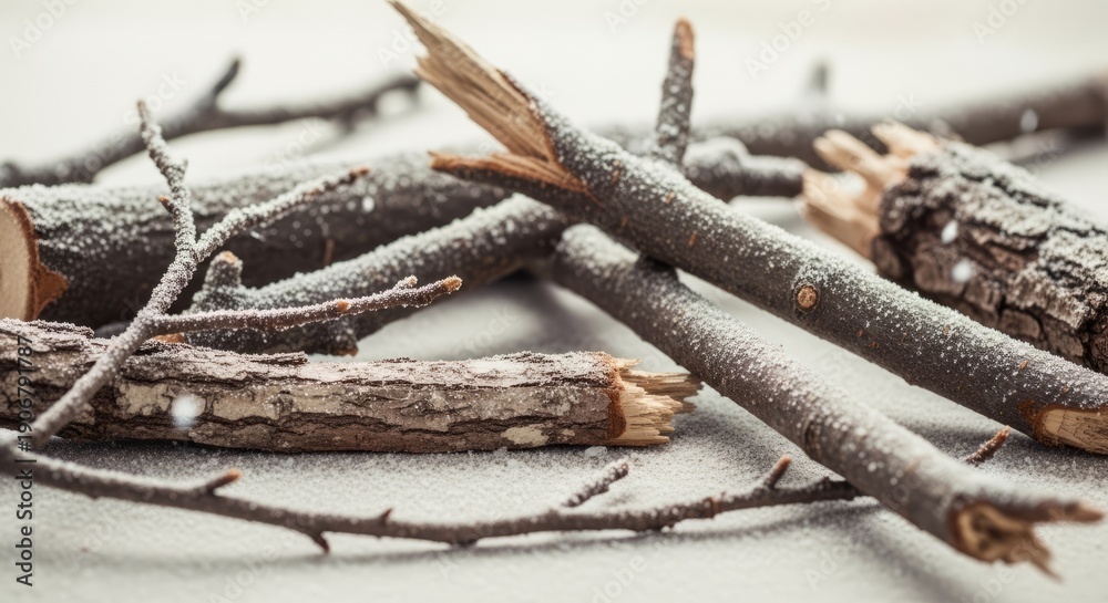 Fototapeta premium Broken branches covered in snow evoke a sense of winter's quiet solitude and natural decay.