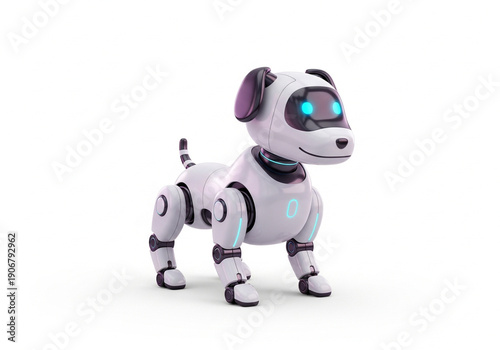 Cute robotic dog with glowing blue eyes.