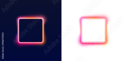 Pink and orange neon square frame with radiant glowing edges. Bright luminous borders isolated on black background. Modern vector illustration for posters PNG.