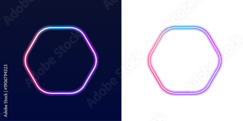 Pink and blue neon hexagon frame glowing intensely. Sharp luminous edges isolated on black background. Modern futuristic vector PNG.
