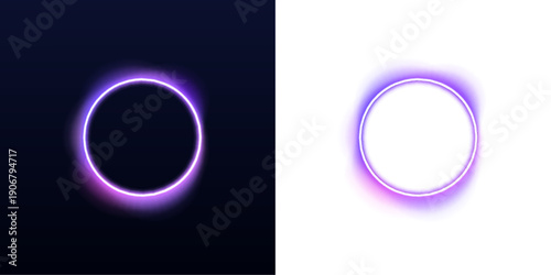 Purple neon square frame with dynamic glowing edges. Vibrant gradient isolated on black background. Futuristic luminous vector illustration PNG.