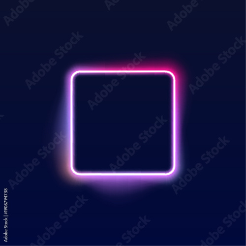 Pink and violet neon square frame with radiant glowing gradient. Isolated on dark background for futuristic posters and banners. Vector luminous design.