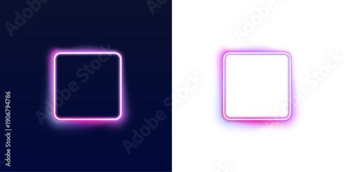 Pink neon square frame with radiant glowing edges. Bright luminous borders isolated on black background. Modern vector illustration for posters PNG.