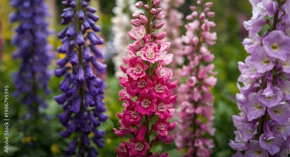 Obraz premium Close perspective on colorful Larkspur flowers alongside purple blue and pink Delphinium varieties blooming in garden setting