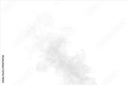 Gray smoke drifts across white background beneath soft cloud layer with light puff motion. Mist and steam shape atmospheric phenomena, forming realistic fog, vapor, thunder, storm textures. PNG vector