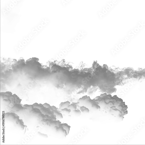 Soft white cloud forms float above gray smoke on clean background with haze details. Mist and steam enhance atmospheric phenomena, bringing realistic fog, vapor, thunder, storm patterns. PNG vector.