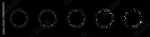 Halftone circle patterns with random dot distribution. Circular frames made of gradient dots with varying sizes and opacity on black background. Minimalist vector illustration