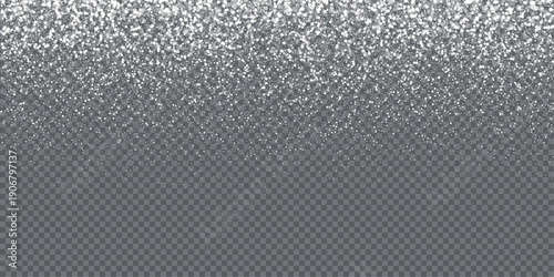 Silver glitter snow overlay on transparent background. Falling sparkle particles create festive shimmer effect for winter decorations, Christmas, New Year themes. Holiday vector illustration