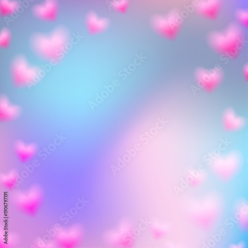Heart romantic background. Pink Valentine day card. Soft pink hearts blur across blue purple backdrop with smooth color transitions and gentle glow. Pastel dreamy vector illustration