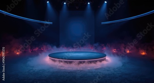Wallpaper Mural Circular platform talk show stage with mist effects and dark illuminated backdrop Torontodigital.ca