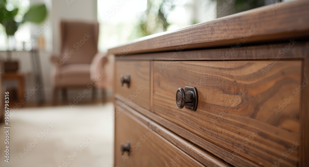 Obraz premium Close-up of a farmhouse living room featuring wooden drawer chest and blurred background