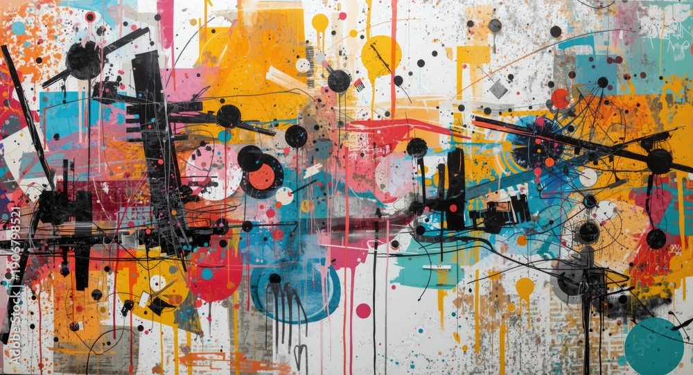 Fototapeta premium Dynamic mixed media abstract artwork with graffiti style dots, patterns, and brush strokes for creative print projects