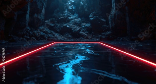 High tech presentation scene characterized by liquid floor effect, neon framing, and dark rocky scenery