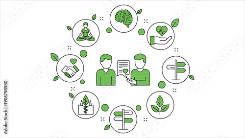 Holistic Mental Health Vector Illustration – Therapy, Emotional Balance, Positive Energy, Relaxation, and Somatic Healing Icons