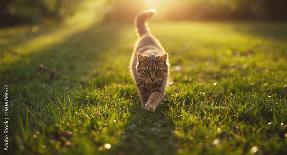 Obraz premium Lively cat chasing shadows on green grass full length perspective in radiant summer weather