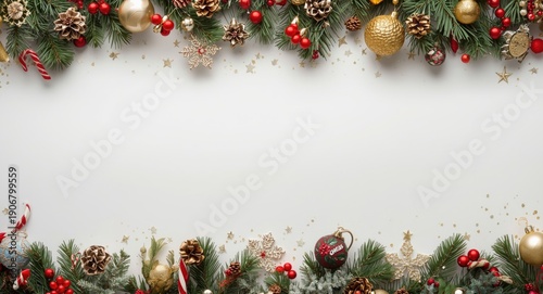Birds eye holiday border decorated with traditional Christmas items on a white minimal surface