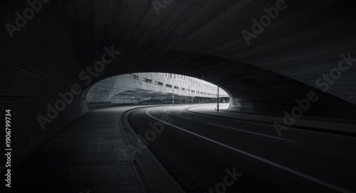 Elegant architectural structure featuring a lit tunnel and empty street mood in monochrome shades
