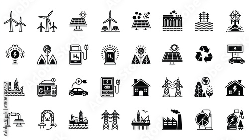 Renewable Energy Infrastructure Icons – Solar Panels, Wind Turbines, Hydrogen Tanks, Geothermal Plants, and Power Stations for Sustainability Concepts.