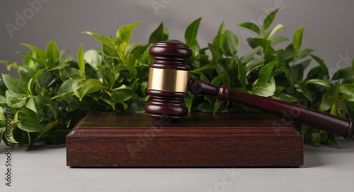 Judge's gavel placed on a smooth wooden block with lively green foliage emphasizing fairness in law